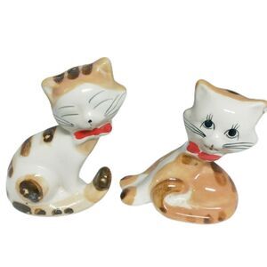 Vintage Whimsical Cat Figurines Tabby Calico Bow Tie Kitty Pair Ceramic Decor